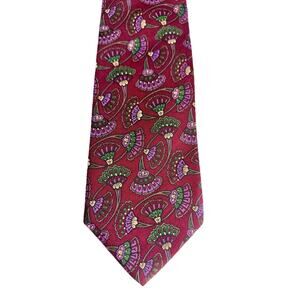 Handmade Stonehenge Silk Tie English Print Tan/Red/Blue Geometric